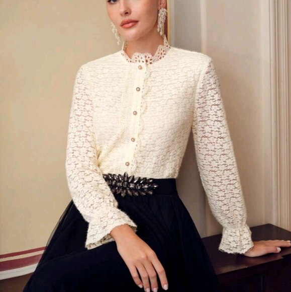 Tops - LACE MOCK NECK FLARE SLEEVE BLOUSE